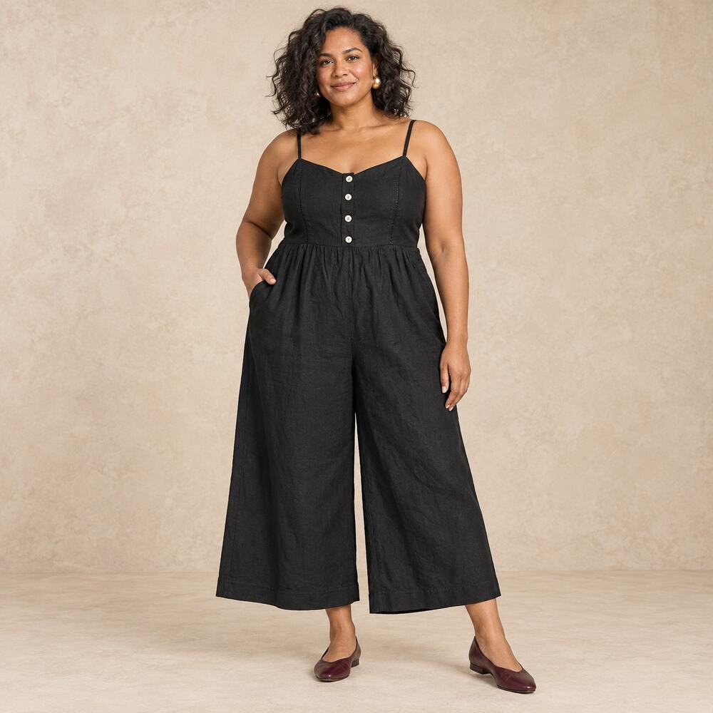 Madewell Jumpsuit WMNS 14 Black Linen Button Front Wide Leg Boho Minimalist